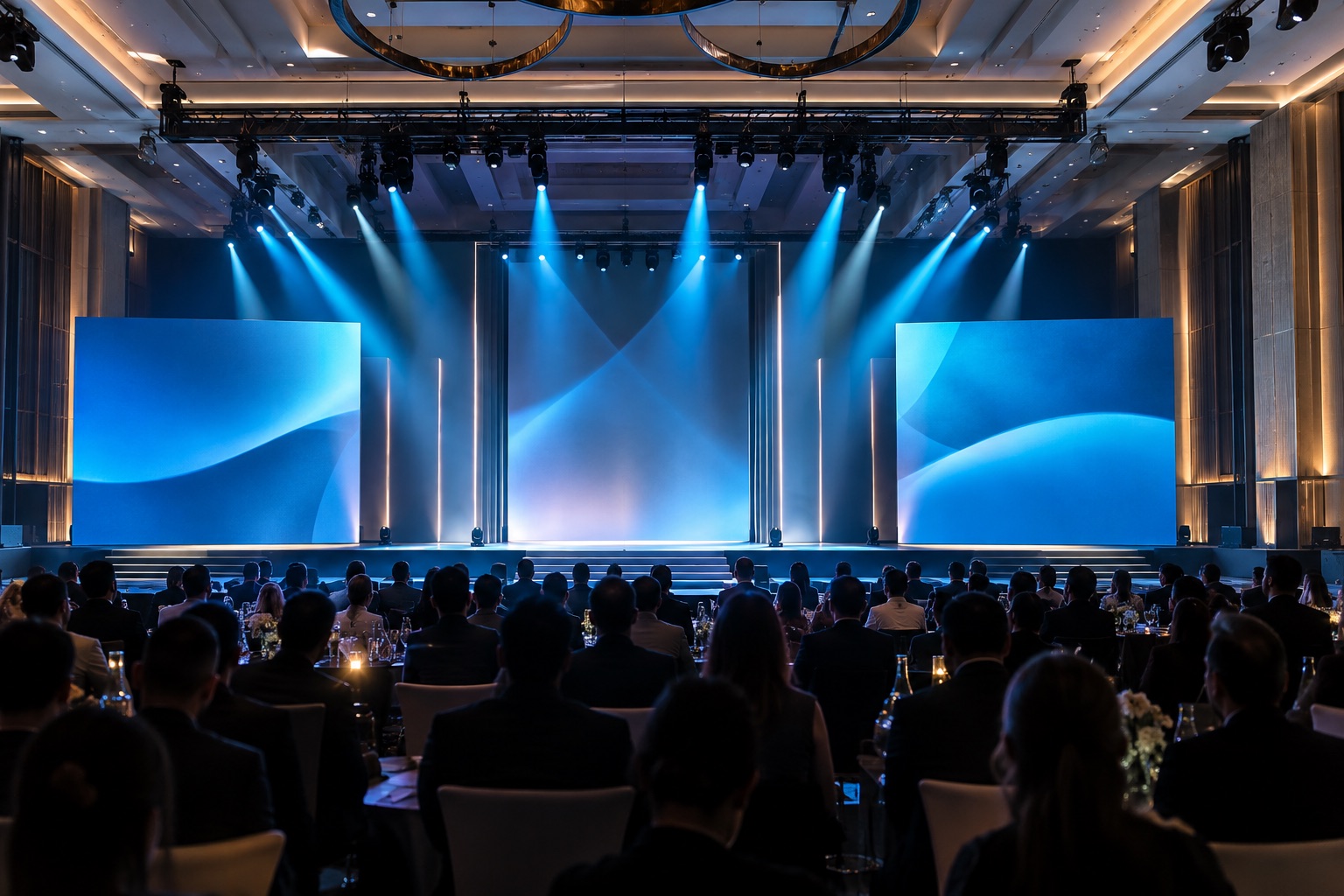 Event stage with blue lighting and an audience