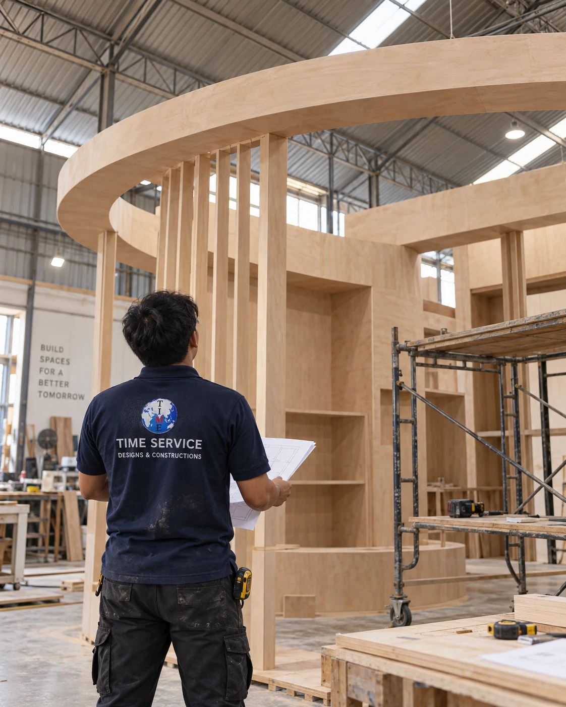 Illustrative image of a workshop team assembling exhibition components