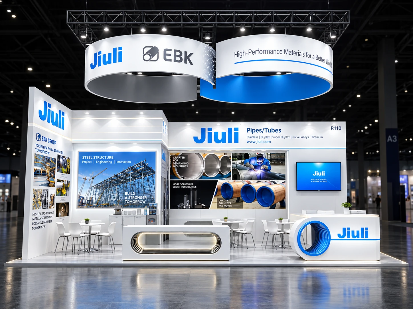 JIULI exhibition stand with twin curved suspended signs, overhead trusses and illuminated product displays
