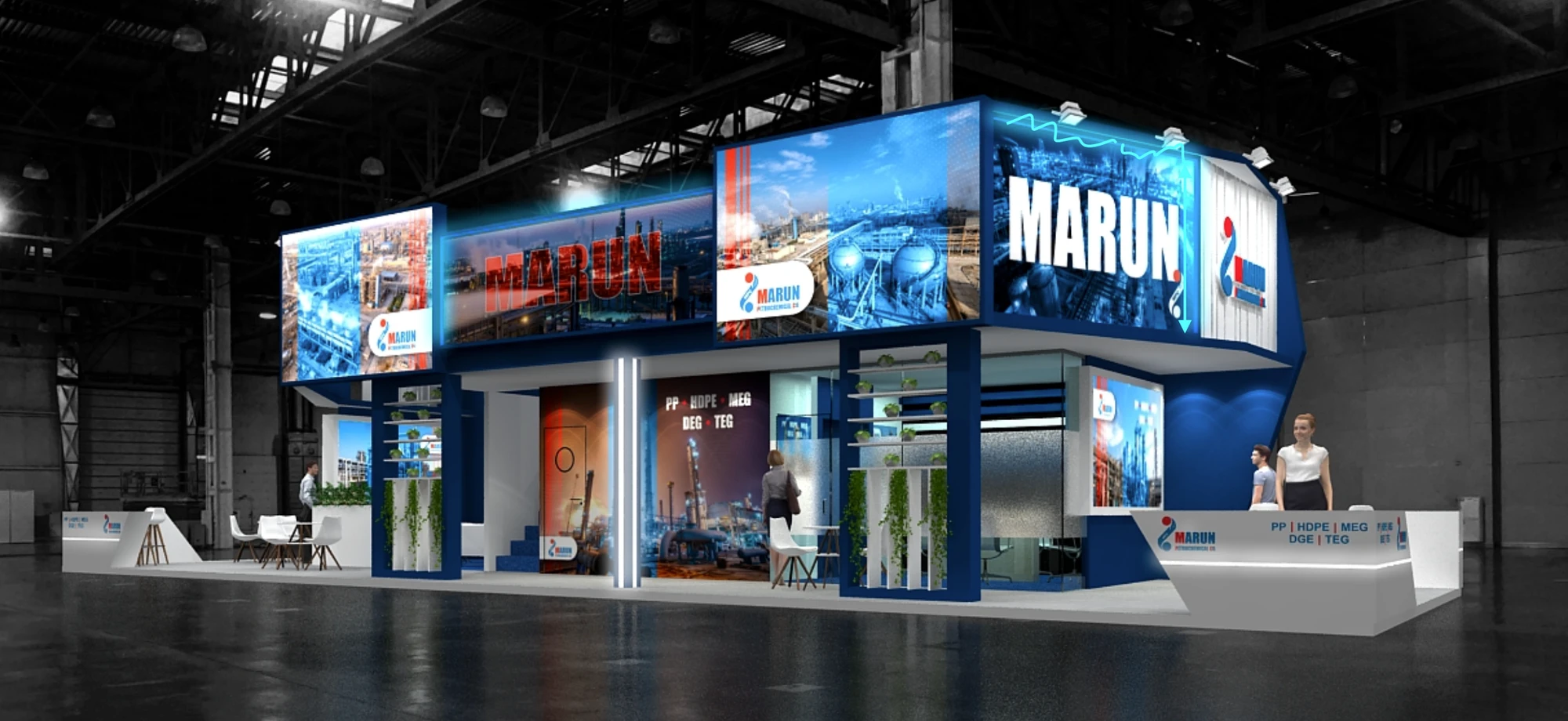 MARUN double-decker exhibition stand with blue graphic walls, upper meeting areas and reception counters
